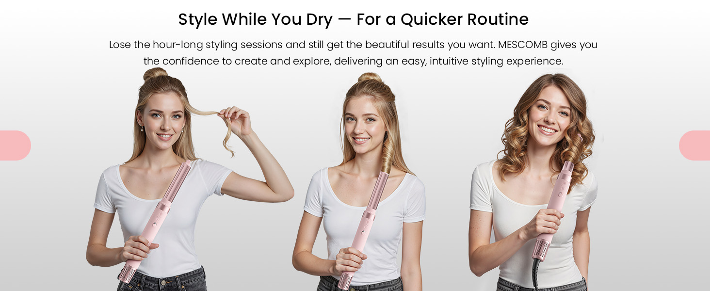 Le texte indique « Coiffez pendant que vous séchez, pour une routine plus rapide ». Progression en trois panneaux montrant une démonstration de la technique de coiffure.