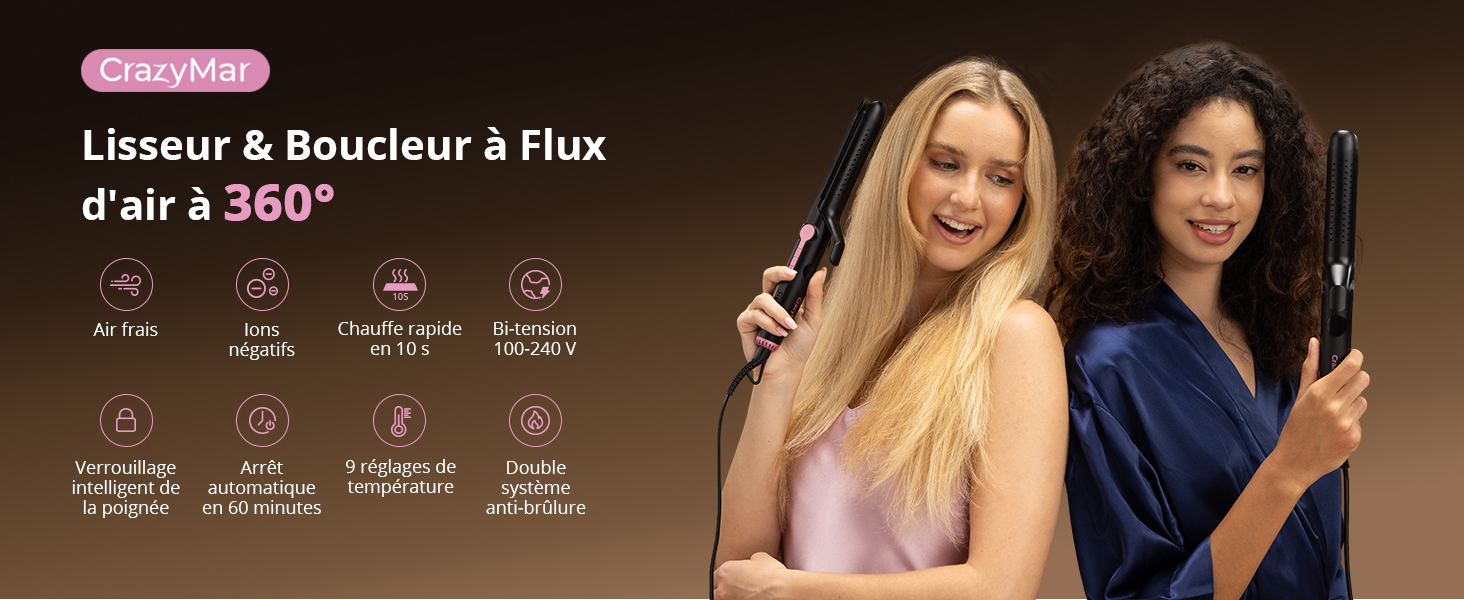 Collage marketing montrant un produit lié à la beauté avec de petits appareils métalliques et des icônes affichant des caractéristiques. Le texte se lit comme suit : « Lisseur & Boucleur à Flux d'air à 360° ».