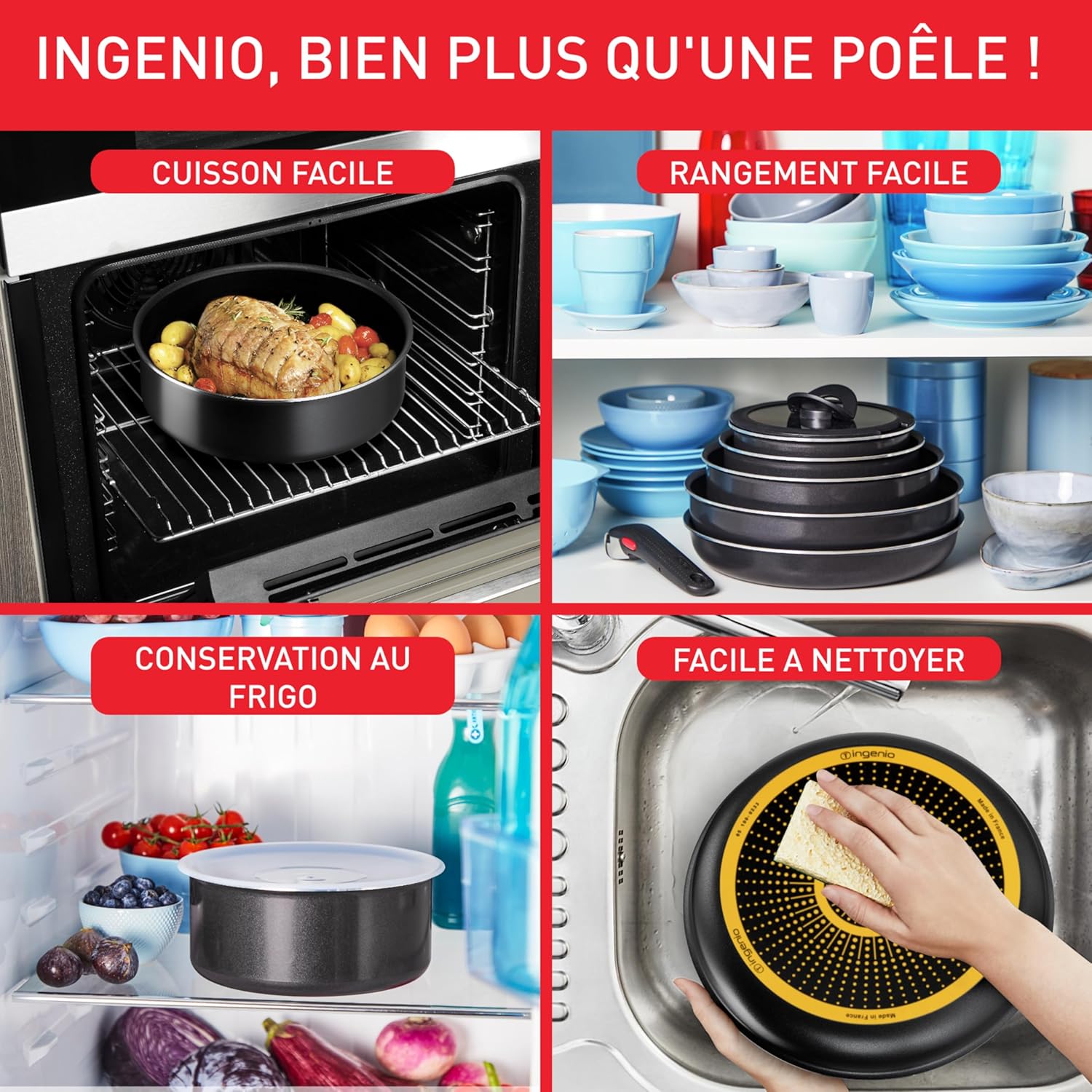 Tefal - Ingenio Easy On - Batterie 13 pièces, poignées amovibles, empilable, antiadhésif, sans induction, L1599243