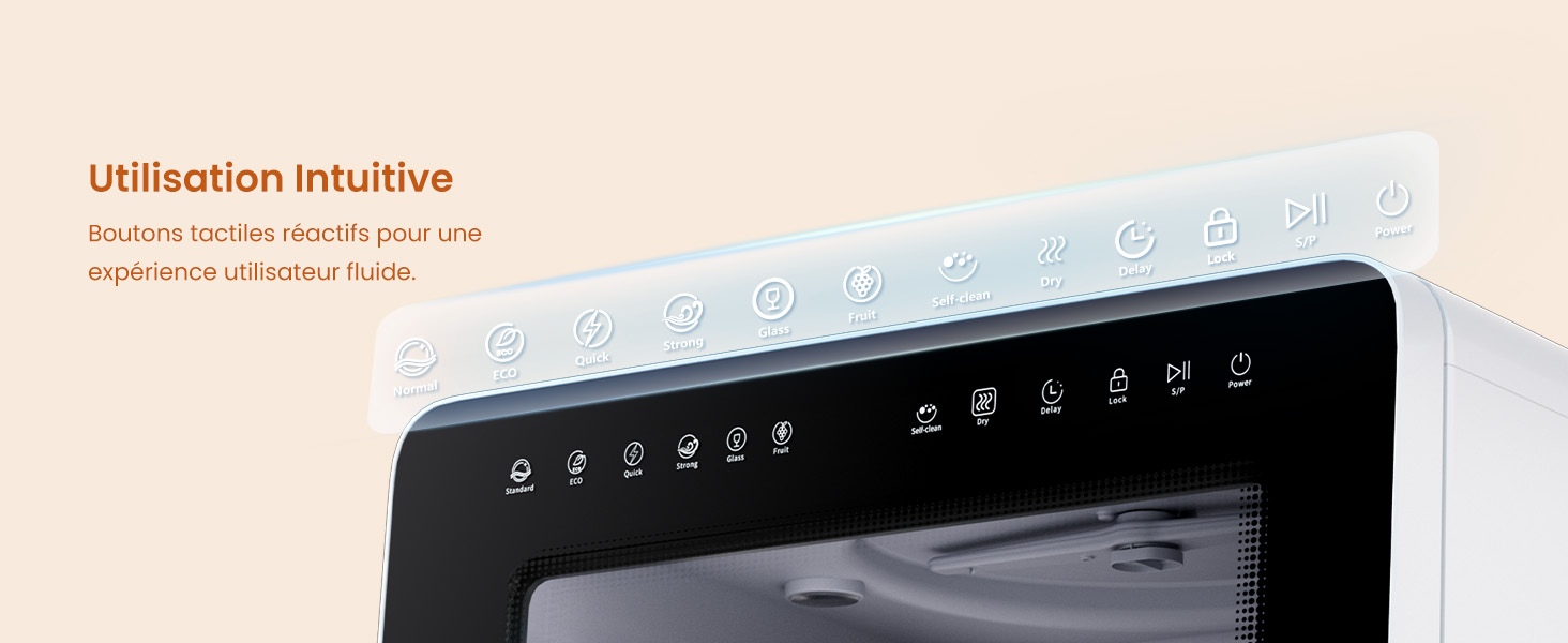 Gros plan d'une interface d'appareil électronique noire montrant une rangée d'icônes ou de commandes tactiles avec du texte en français au-dessus