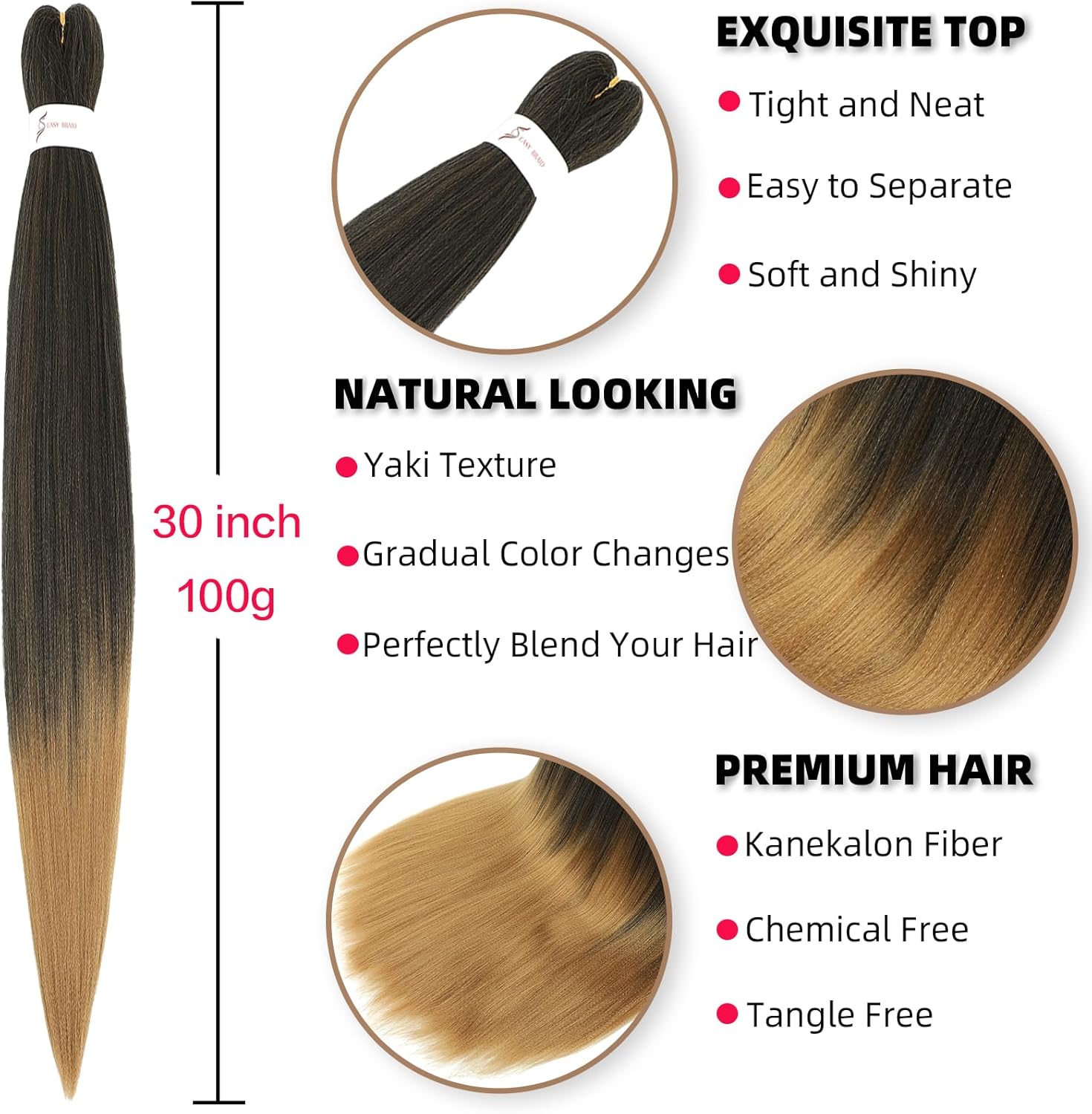Rajout cheveux tressés - 30 pouces - ombre blond/noir, kanekalon synthétique, 6 paquets - T1B/27#