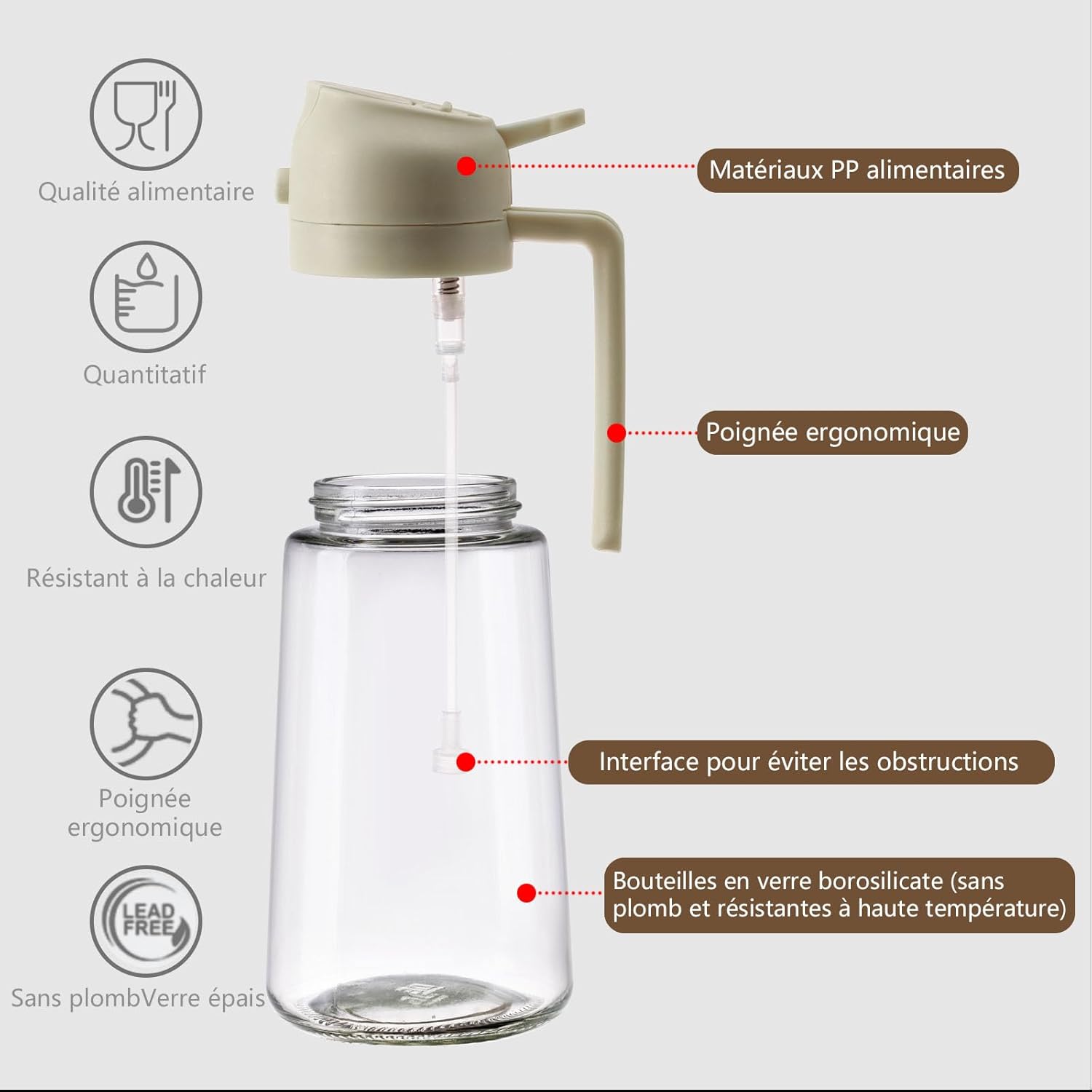 Flacon pulvérisateur d'huile - verre 470ml - 2 en 1, bec verseur