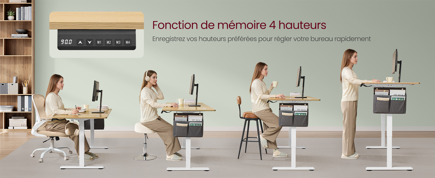 Démonstration de bureau réglable en hauteur en quatre étapes. Femme représentée à différentes hauteurs de bureau : assise basse, assise haute, debout basse et debout. Panneau de commande visible ci-dessus.