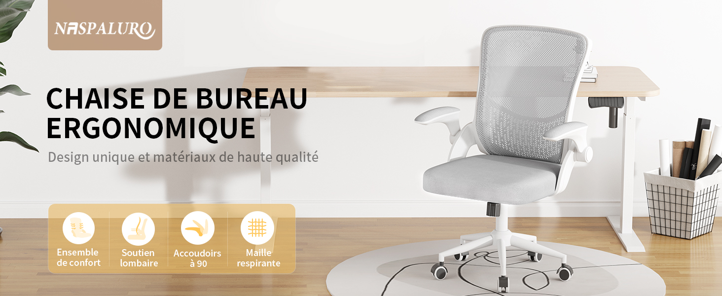 avec dossier en maille, caractéristiques réglables et design moderne affiché sur fond blanc avec des icônes de caractéristiques ci-dessous.