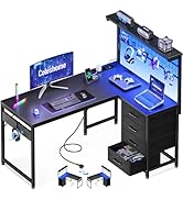 Coleshome Bureau Gaming avec LED, 110 x 80 cm Réversible Table Gaming avec Tiroirs et Prises de C...