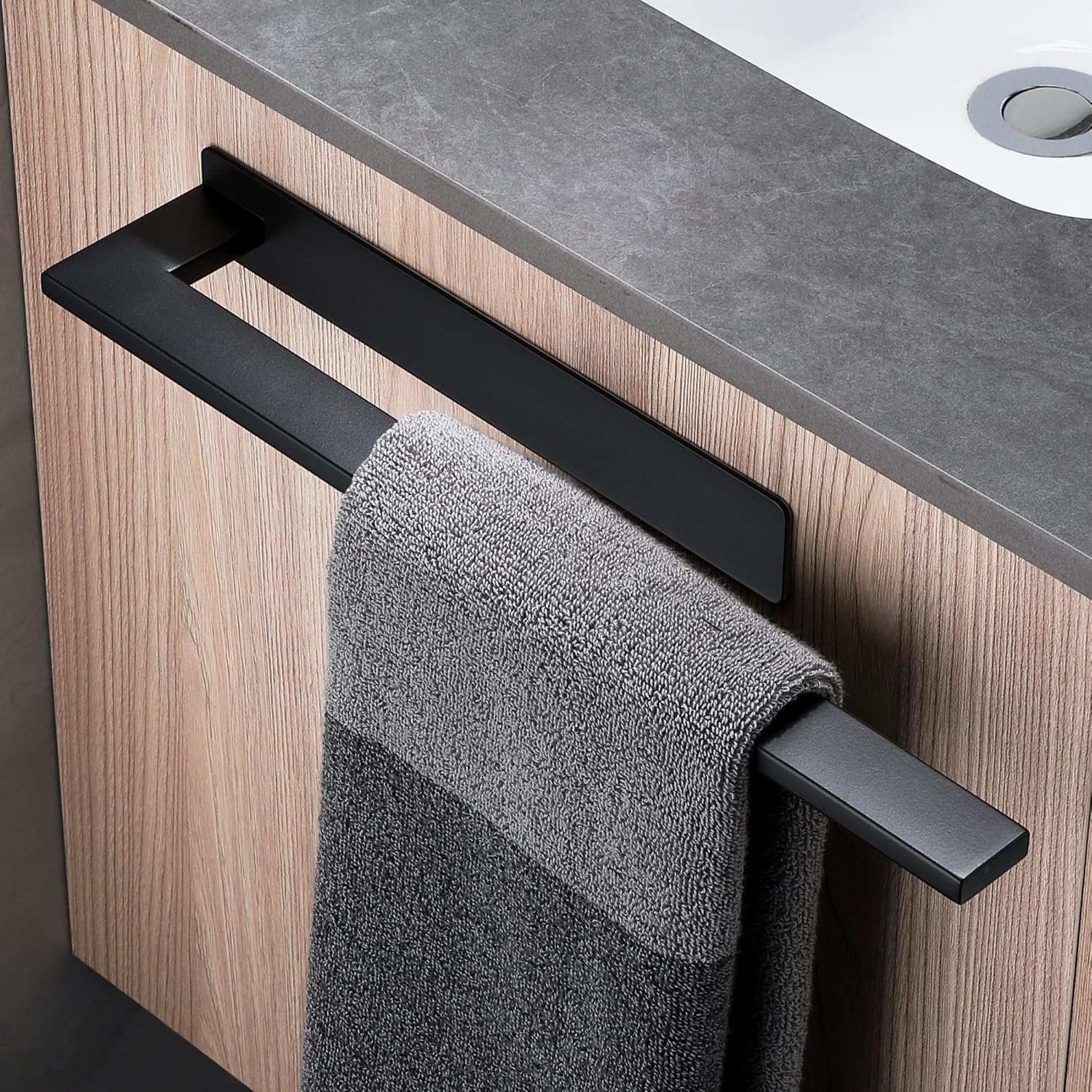 Porte-serviettes mural, acier inox, 1 bras, adhésif, noir mat