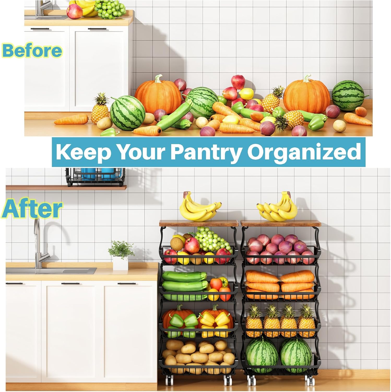 Corbeille à fruits et légumes - 5 niveaux, métal, empilable, roulettes, rangement cuisine