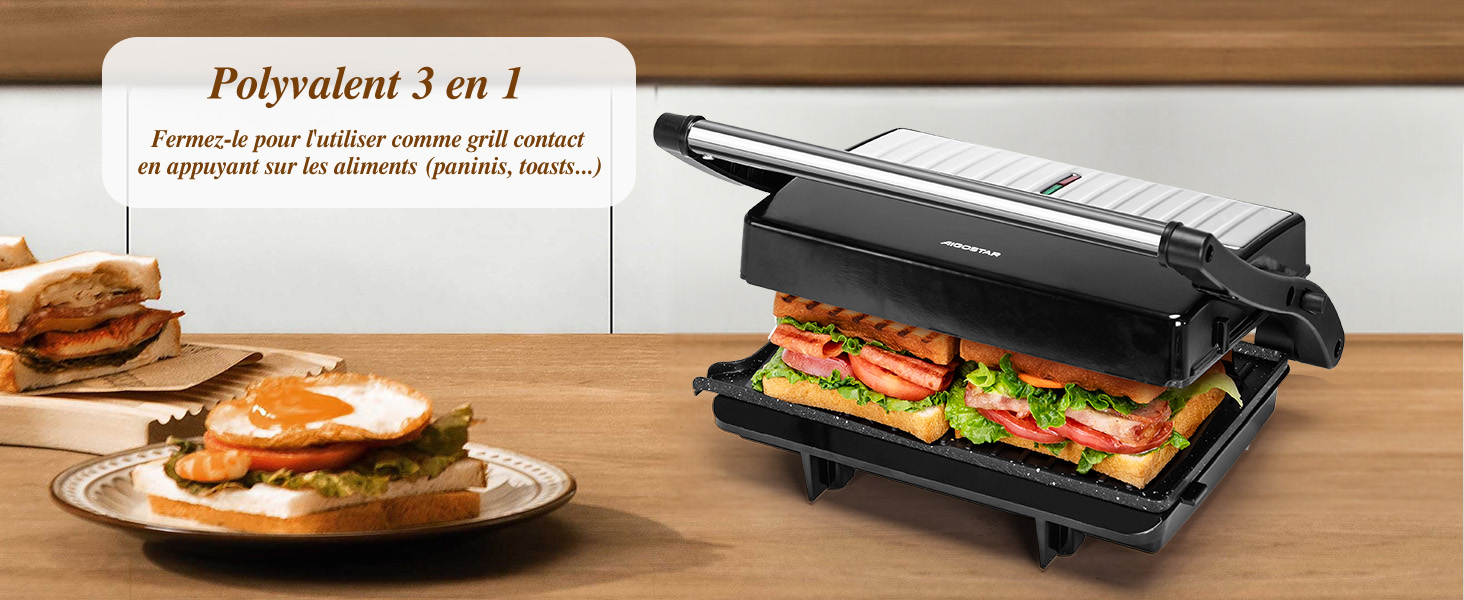 avec fonction de presse à sandwich. Montre des sandwichs et des crêpes grillés, ce qui indique une polyvalence pour différents aliments.