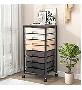 SYKIARIOL Chariot de salle de bain à roulettes avec 8 tiroirs, chariot à tiroirs avec plateau en bois...