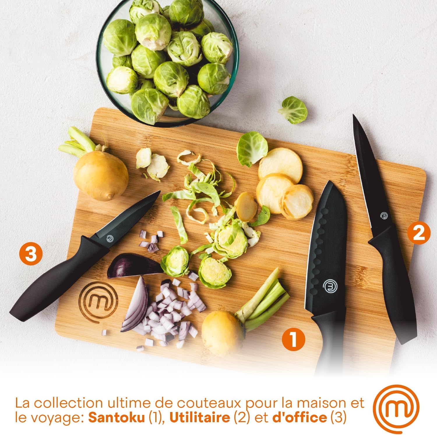 MasterChef - Set Couteaux cuisine, 3 pièces, inox, antiadhésif, manche ergonomique
