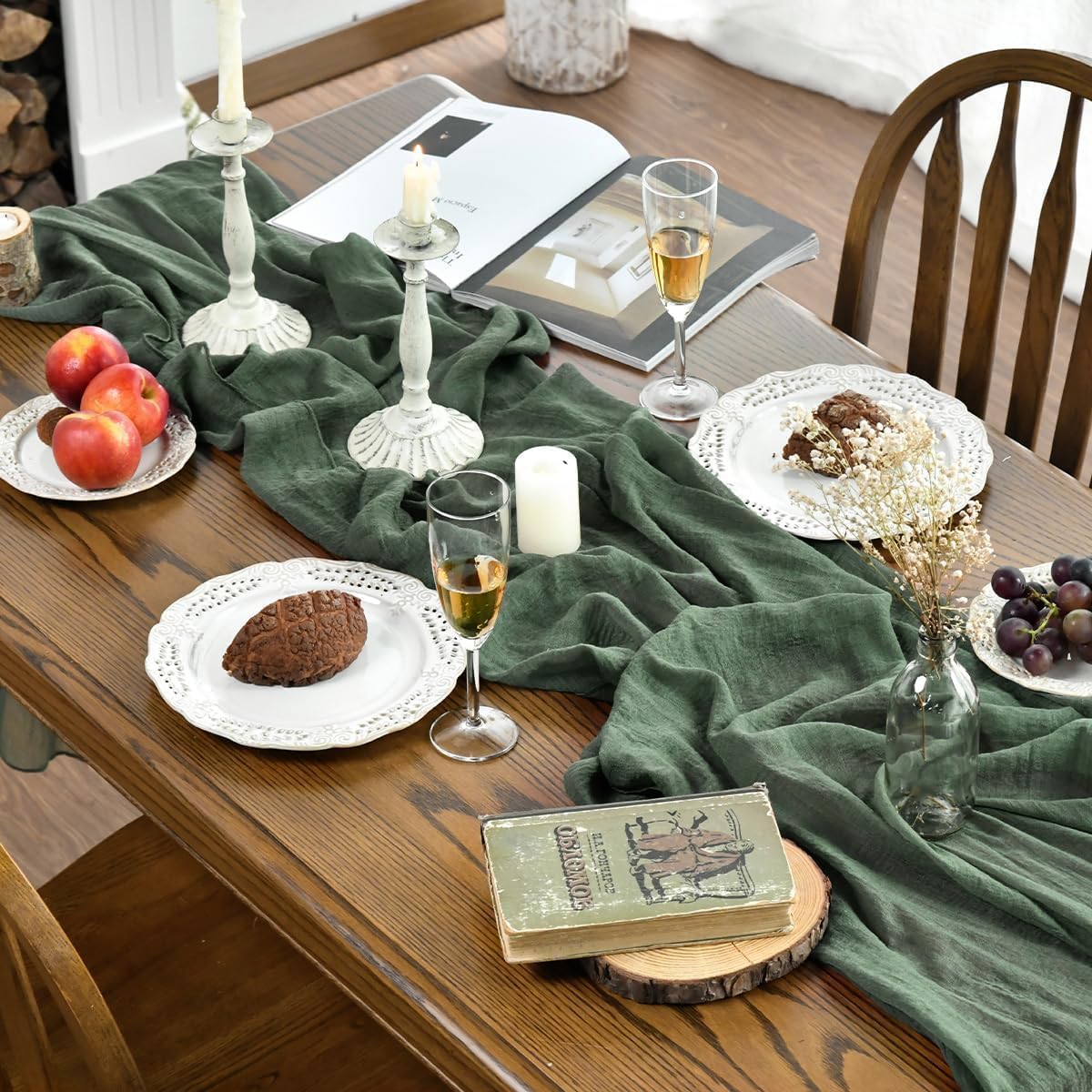 Artoid Mode - Chemin de table bohême gaze vert forêt - 400 cm - décoration cuisine mariage fête