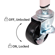 Schéma en gros plan d'un mécanisme de roue à roulettes verrouillable montrant les positions « ON, Locked » et « OFF, Unlocked »