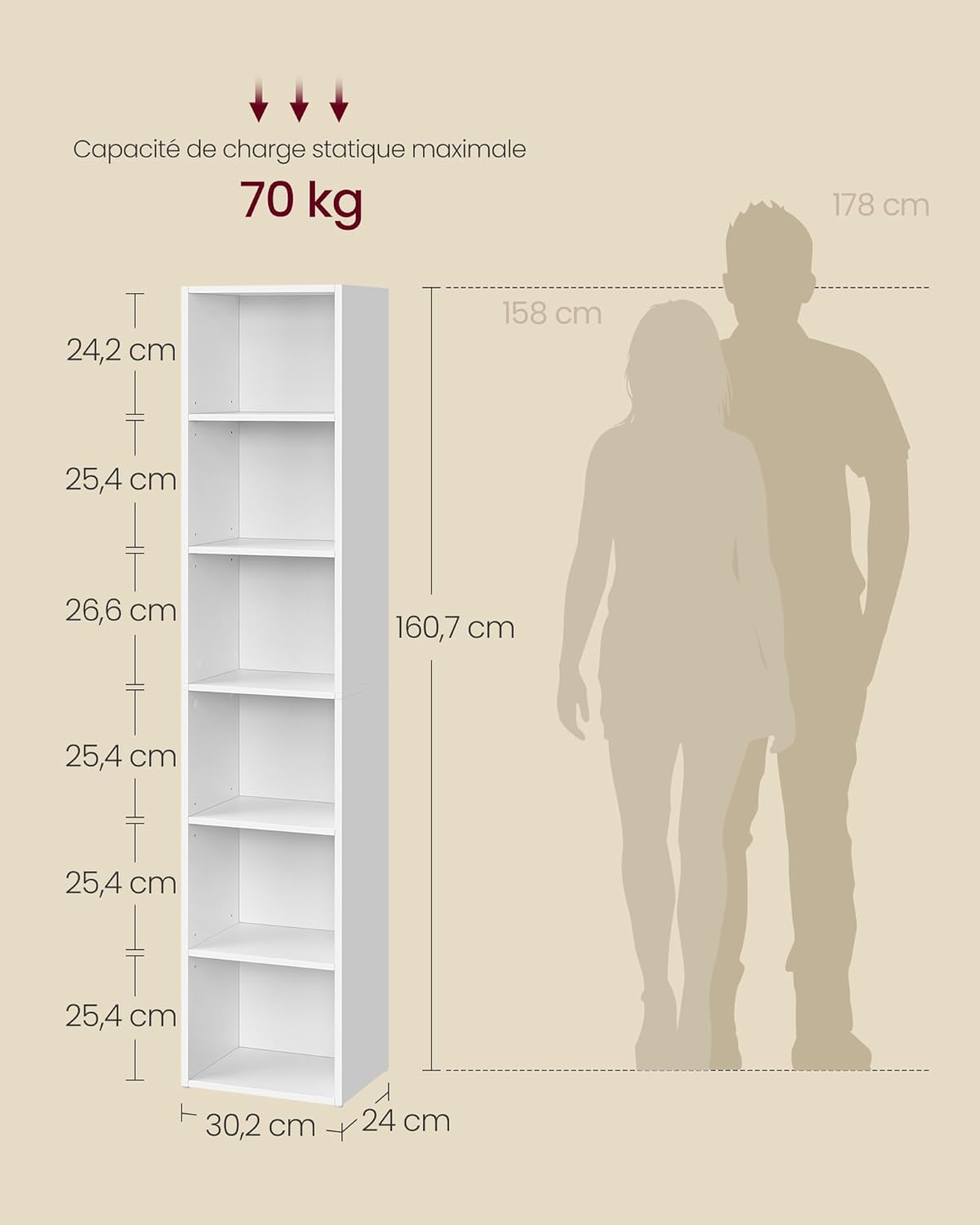 VASAGLE - bibliothèque 6 niveaux, 24x30,2x160,7 cm, blanc, LBC411W01