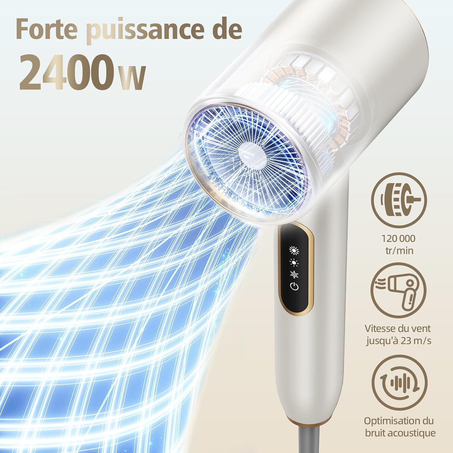 Sèche-cheveux - 2400W ionique léger - 3 températures, 2 vitesses, diffuseur, concentrateur