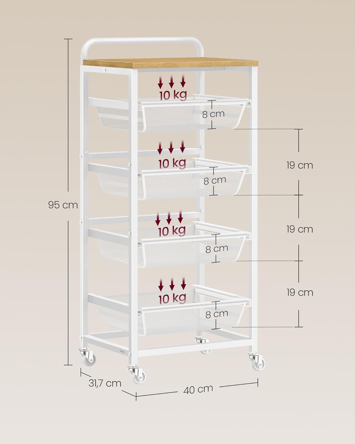 VASAGLE - chariot de rangement à 5 niveaux, 31,7x40x95cm, paniers extractibles, roulettes, poignée, LRC041YA01