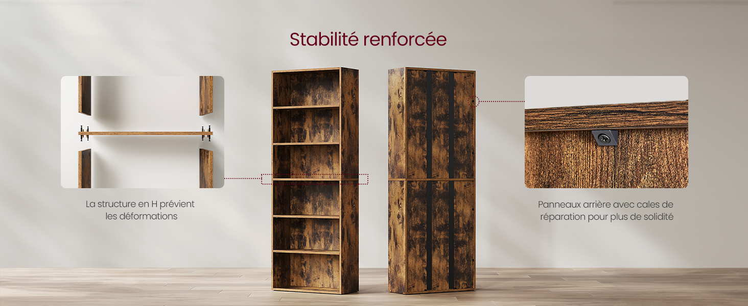 Illustration à trois panneaux montrant les caractéristiques de stabilité renforcées de la construction de meubles en bois, avec superposition de texte en français