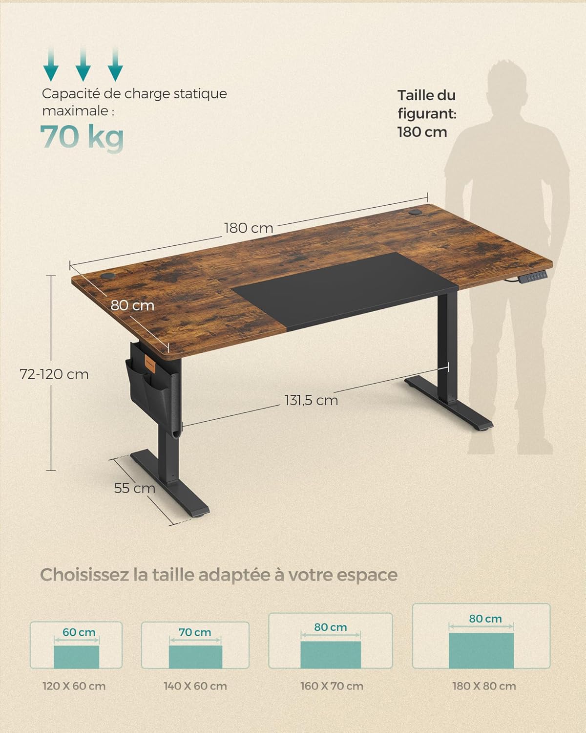 SONGMICS - bureau électrique réglable - 180x80 cm - mémoire 4 hauteurs, port USB-C, assis-debout, marron/noir - LSD028KD