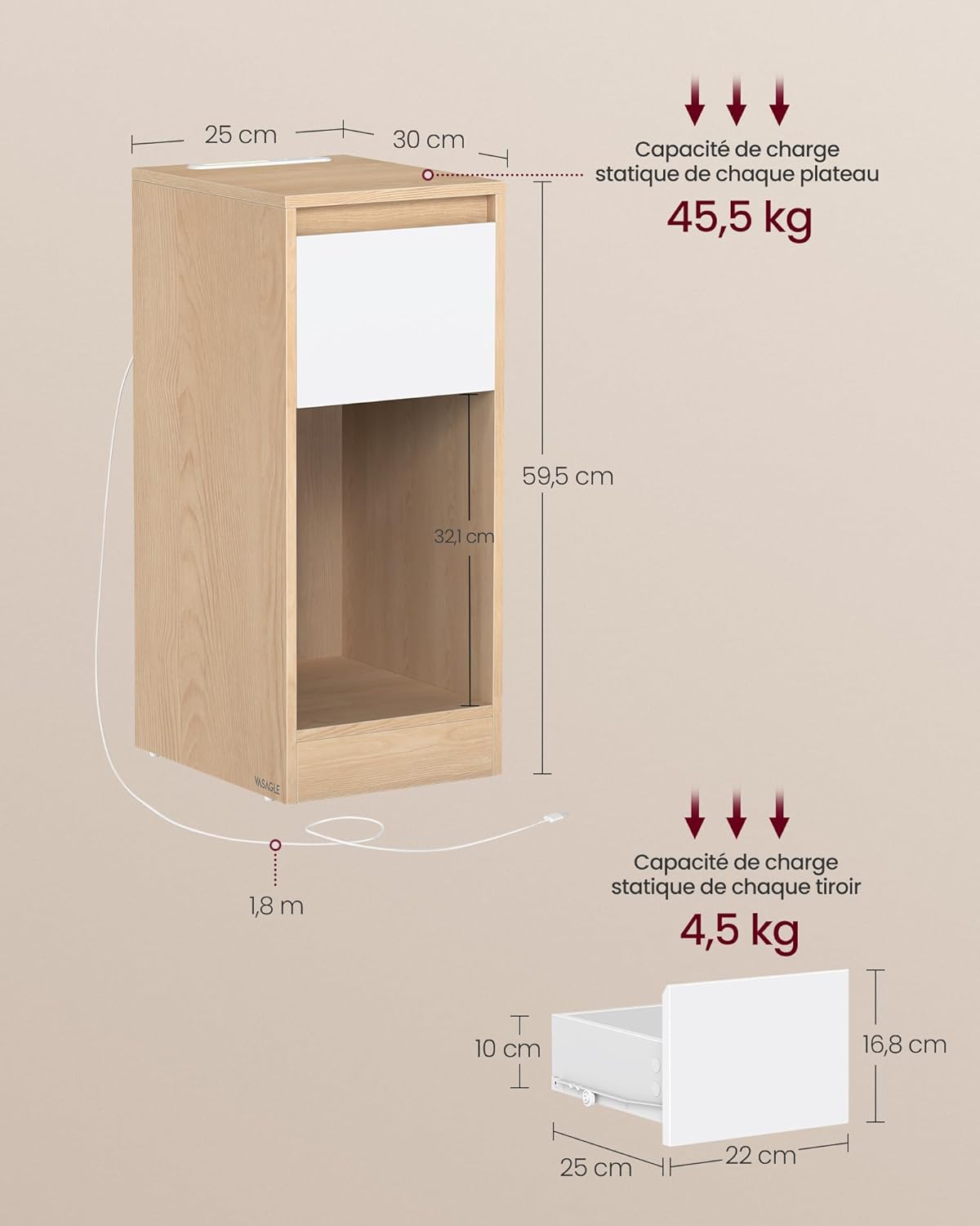 VASAGLE - Lot de 2 tables de chevet LED, tiroirs, ports USB, 40x35x66 cm - LET710Y01