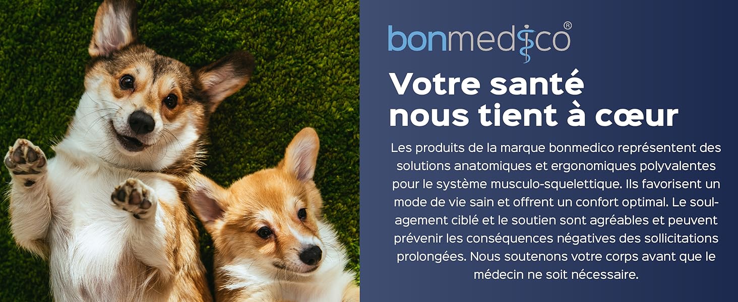 Le texte indique « bonmediceo » et « Votre santé nous tient à cœur ». L'image montre deux chiens assis sur l'herbe, l'un semble être une race mixte aux oreilles pointues.