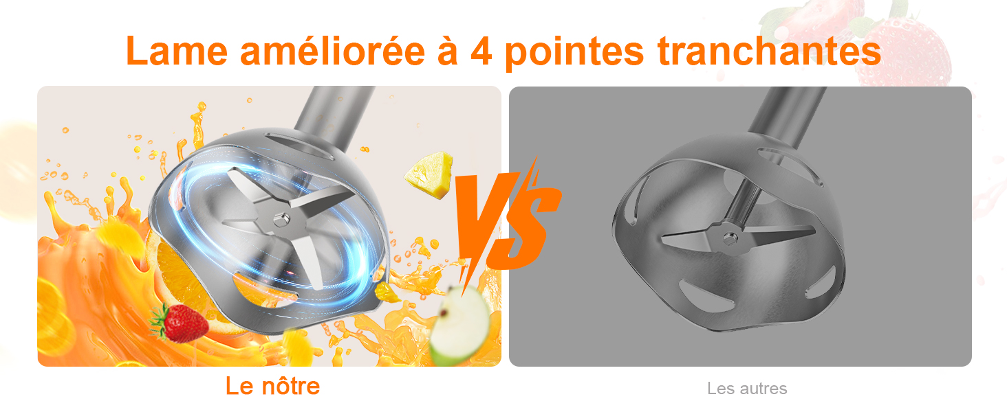 Le texte se lit comme suit : « Lame améliorée à 4 pointes tranchantes ». L'image montre une lame métallique ou un outil de coupe avec des éléments graphiques orange indiquant le mouvement ou la netteté.