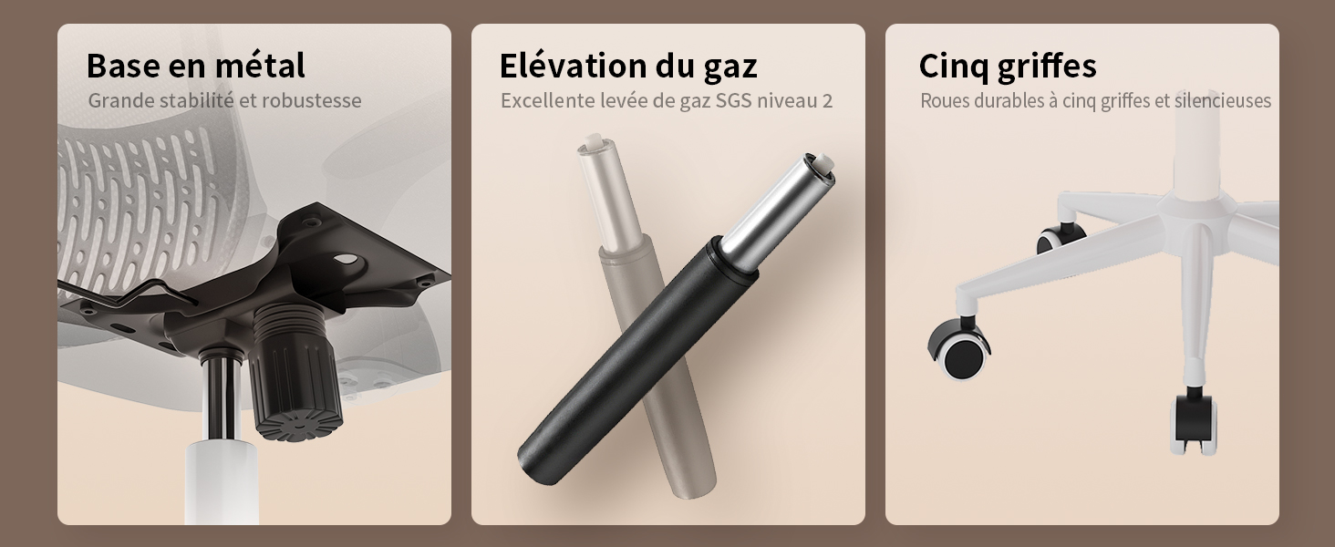 Schéma de produit à trois panneaux montrant un support de base en métal, une bouteille de vérin à gaz et un système de fixation à cinq broches pour l'assemblage