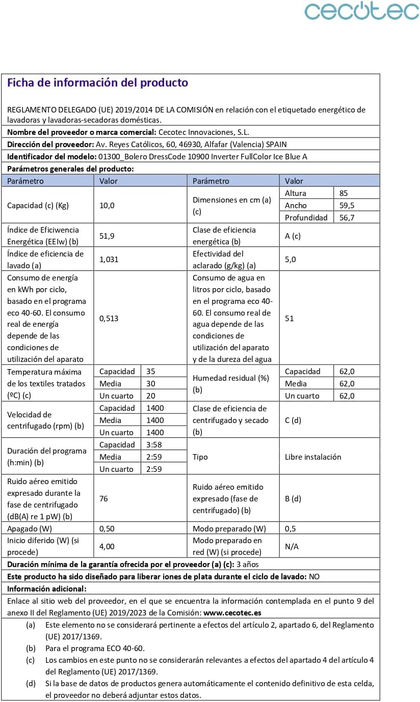 Cecotec - Bolero DressCode - 10kg, 1400tr/min, écran 10,3