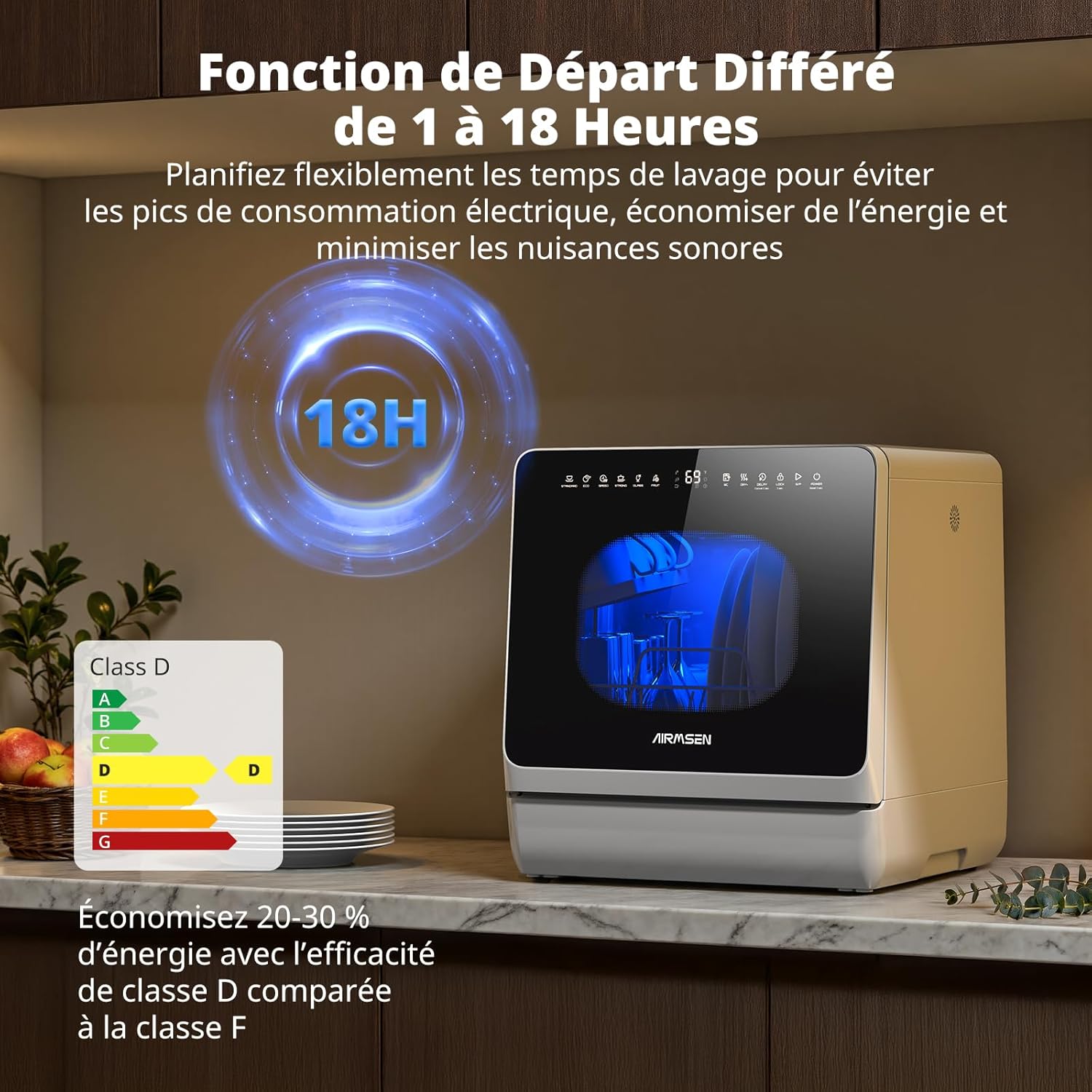 AIRMSEN - Mini lave-vaisselle portable 5L - 8 programmes, départ différé, sécurité enfant