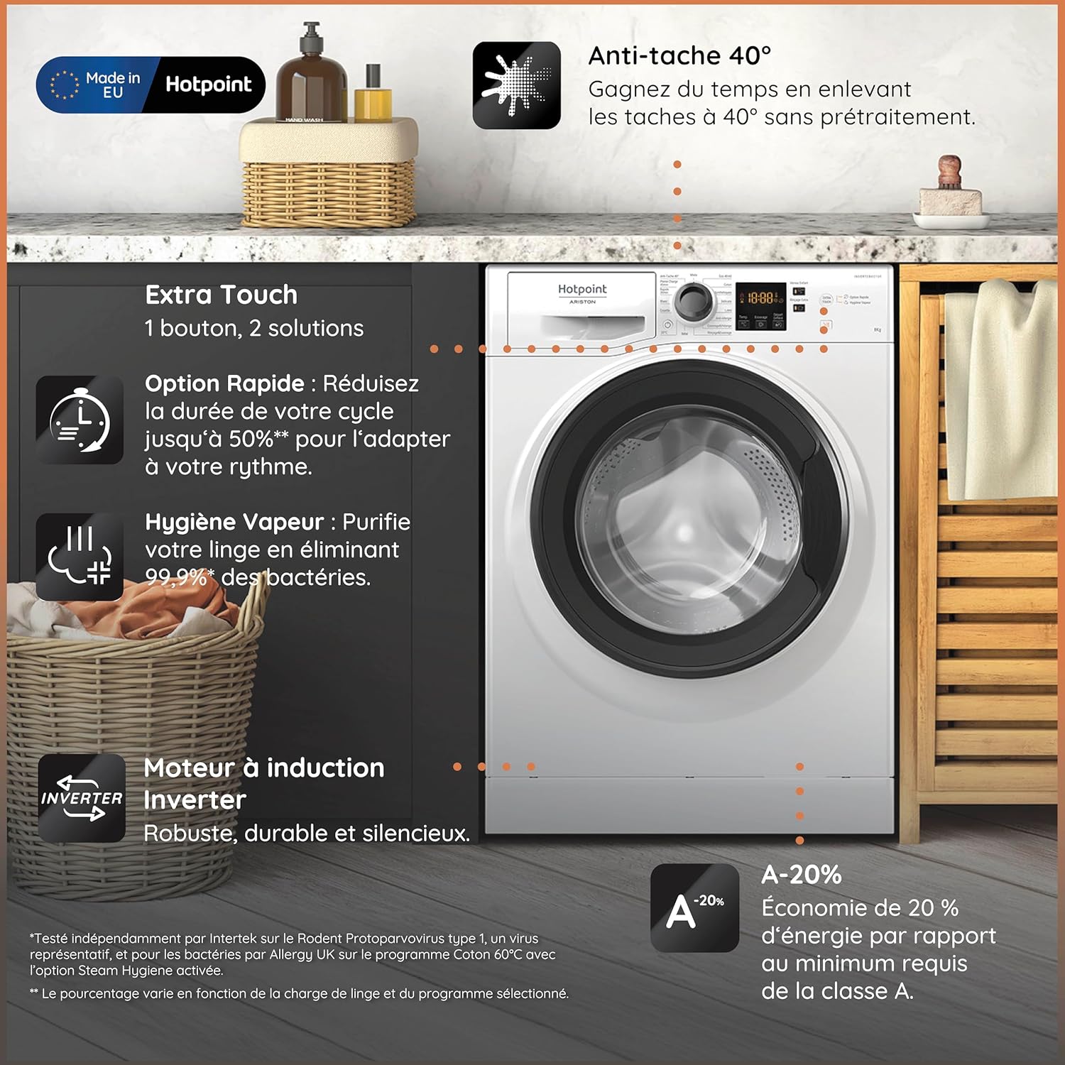 Hotpoint - Lave-linge série 8kg, 1400trs, écran digital, 85x59,5x60,5cm - NS8489WKFR