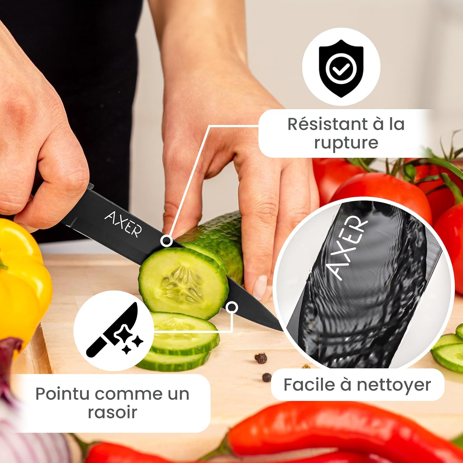 Axer - Couteau Professionnel 12 cm - lame polyvalente fruits, légumes, viande - Manche noir