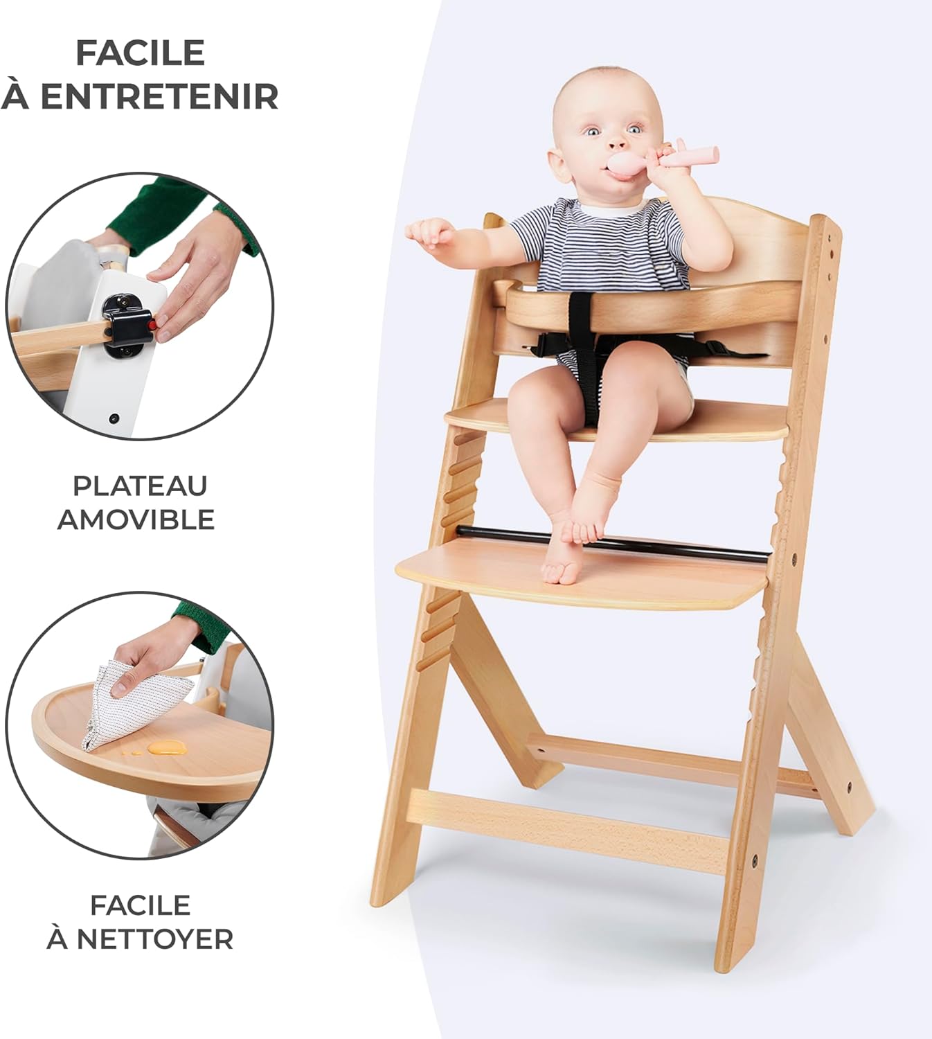 Kinderkraft - ENOCK - chaise haute évolutive, bois hêtre, harnais 3 pts, 35 kg, plateau amovible, blanc