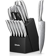 avec 14 pièces, y compris des lames en acier inoxydable et des manches argentés dans un bloc noir. Grand couteau de chef présenté séparément. Nom de marque « D.Perlla » visible sur le bloc et la lame du couteau