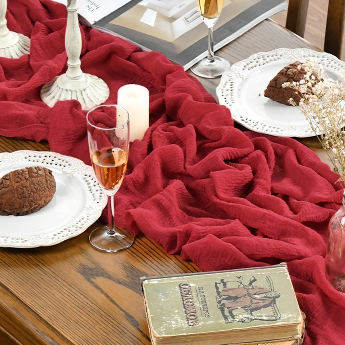 Artoid Mode - Chemin de table bohème, rouge, 400 cm, gaze de coton