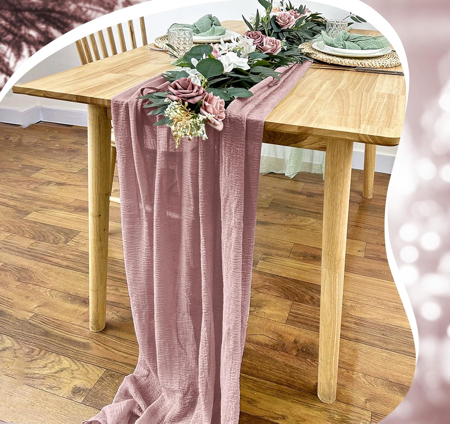 Chemin de table - étamine, 80x300cm, rose pâle, style bohème, synthétique