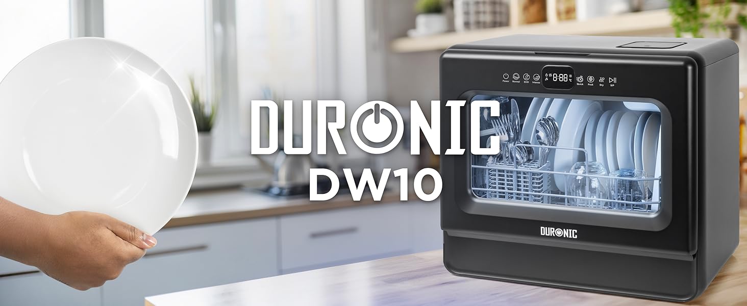 Le texte indique « DURONIC » et « DW10 ». Images de produits montrant un appareil électronique utilisé sur un comptoir de cuisine ou un espace de travail.
