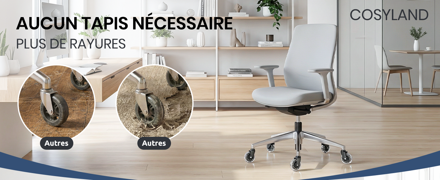 Le texte se lit comme suit : « AUCUN TAPIS BESOIN », « PLUS DE RAYURES » et « COSYLAND ». Les roues des chaises de bureau présentées dans la comparaison avant/après démontrent une performance sans rayures.