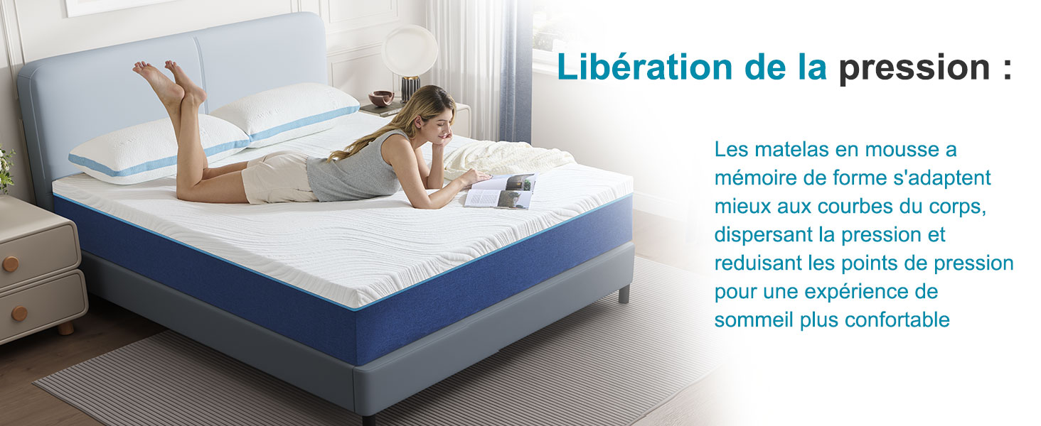 Le texte se lit comme suit : « Libération de la pression ». Série de schémas techniques ou d'images d'instructions illustrant les étapes d'installation avec des composants bleus.