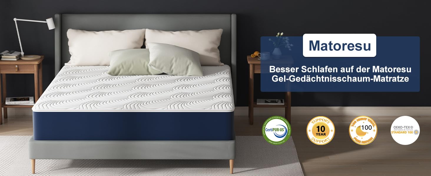 Matoresu présenté dans le décor de la chambre à coucher avec une literie blanche et une base bleu marine. Les icônes de récompense ou de certification sont visibles.