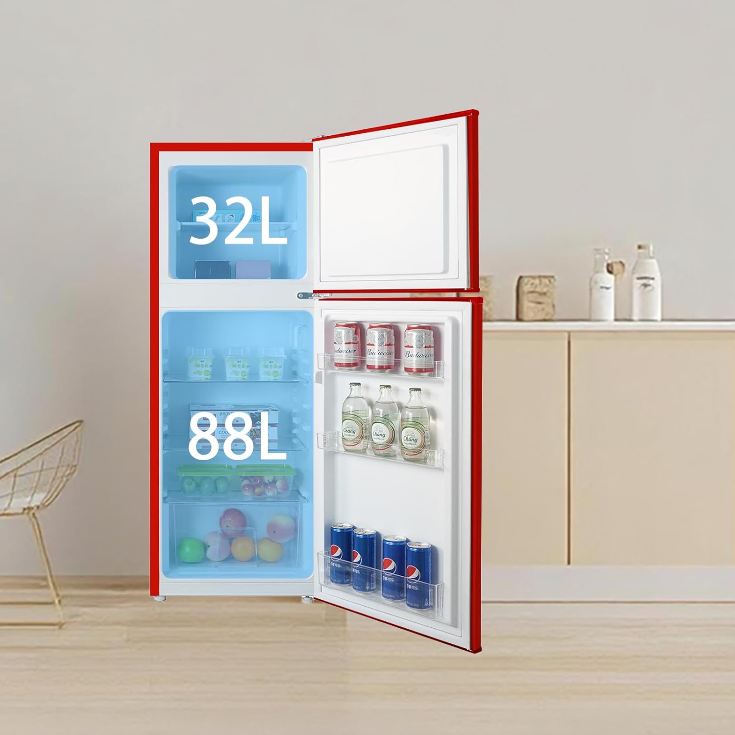 Magictec - Frigo vintage série - 120L, Low Frost, LED, rouge