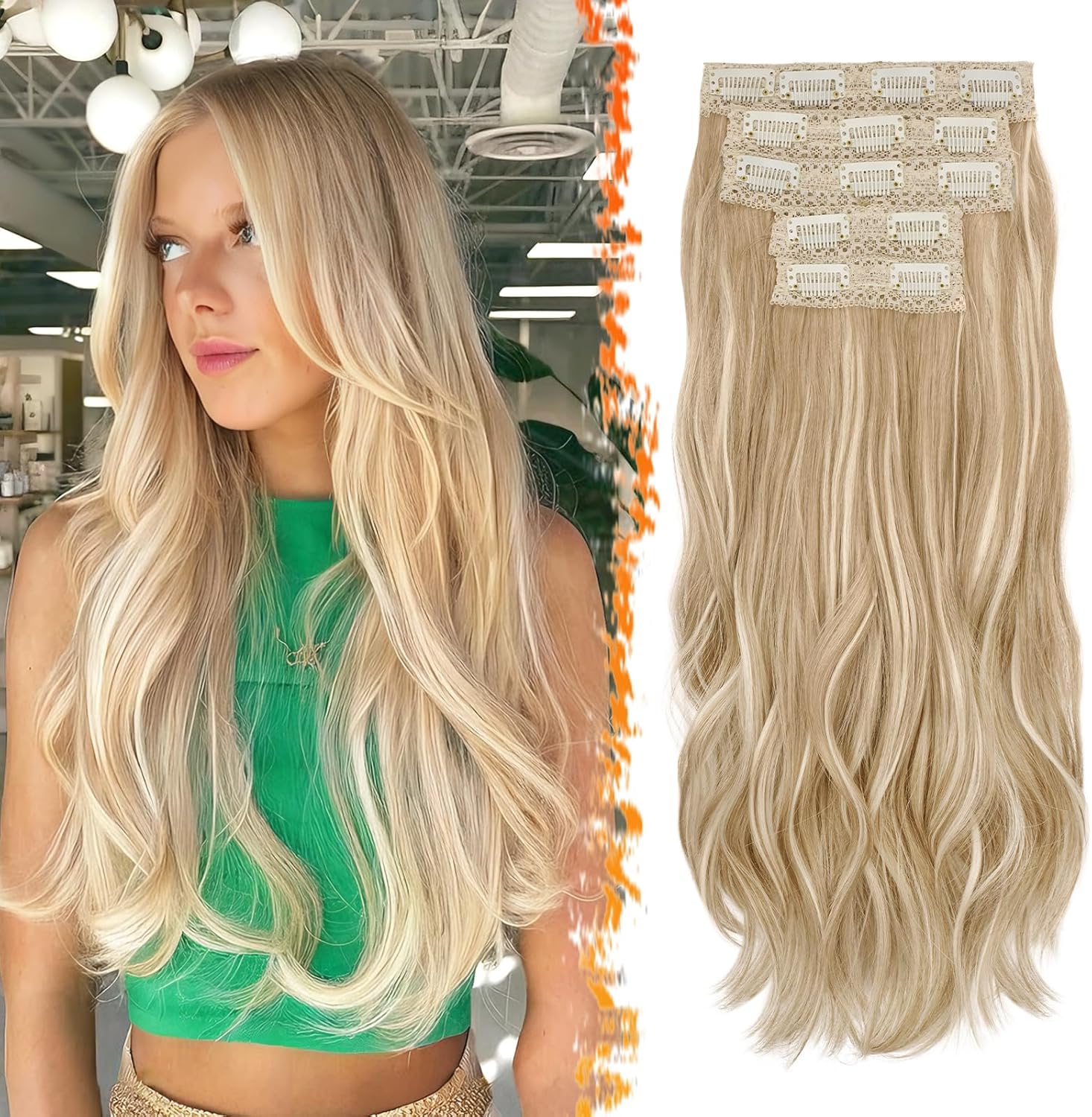 BARSDAR - Extensions à clips ondulées 50cm blond synthétique - 5 pièces, moyen blond mixte