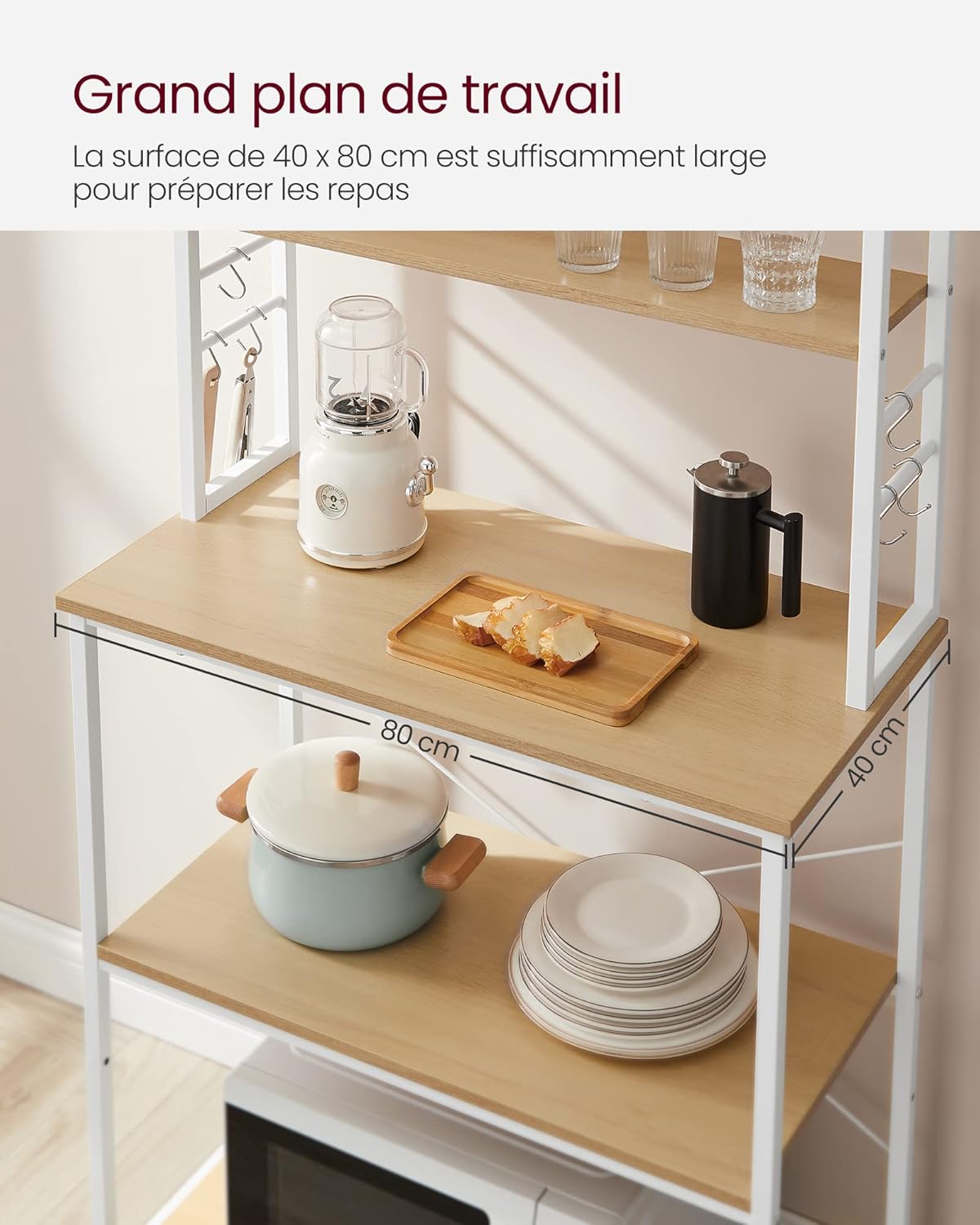 VASAGLE - étagère cuisine industrielle, 40x80x167cm, 6 niveaux, 6 crochets, KKS019W09