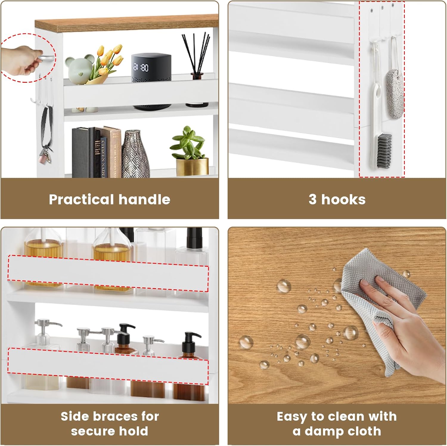 Desserte à roulettes - 4 niveaux, 40x15x80 cm, chêne clair & blanc, poignée et roulettes