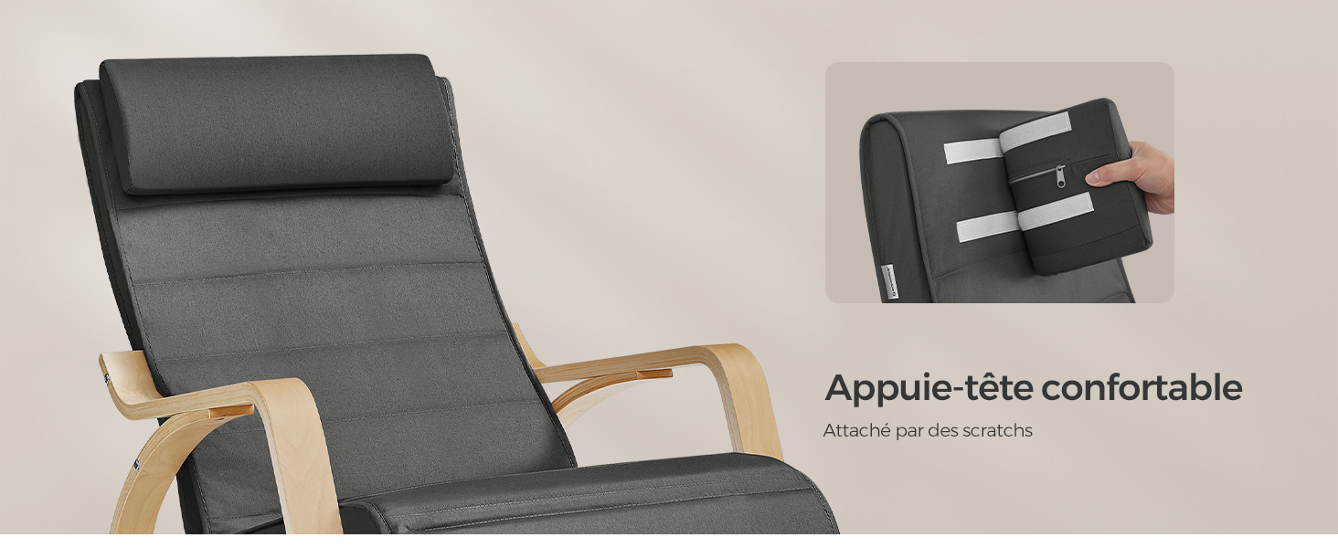 avec structure en bois et appui-tête réglable. L'image incrustée montre la fonction de réglage de l'appui-tête