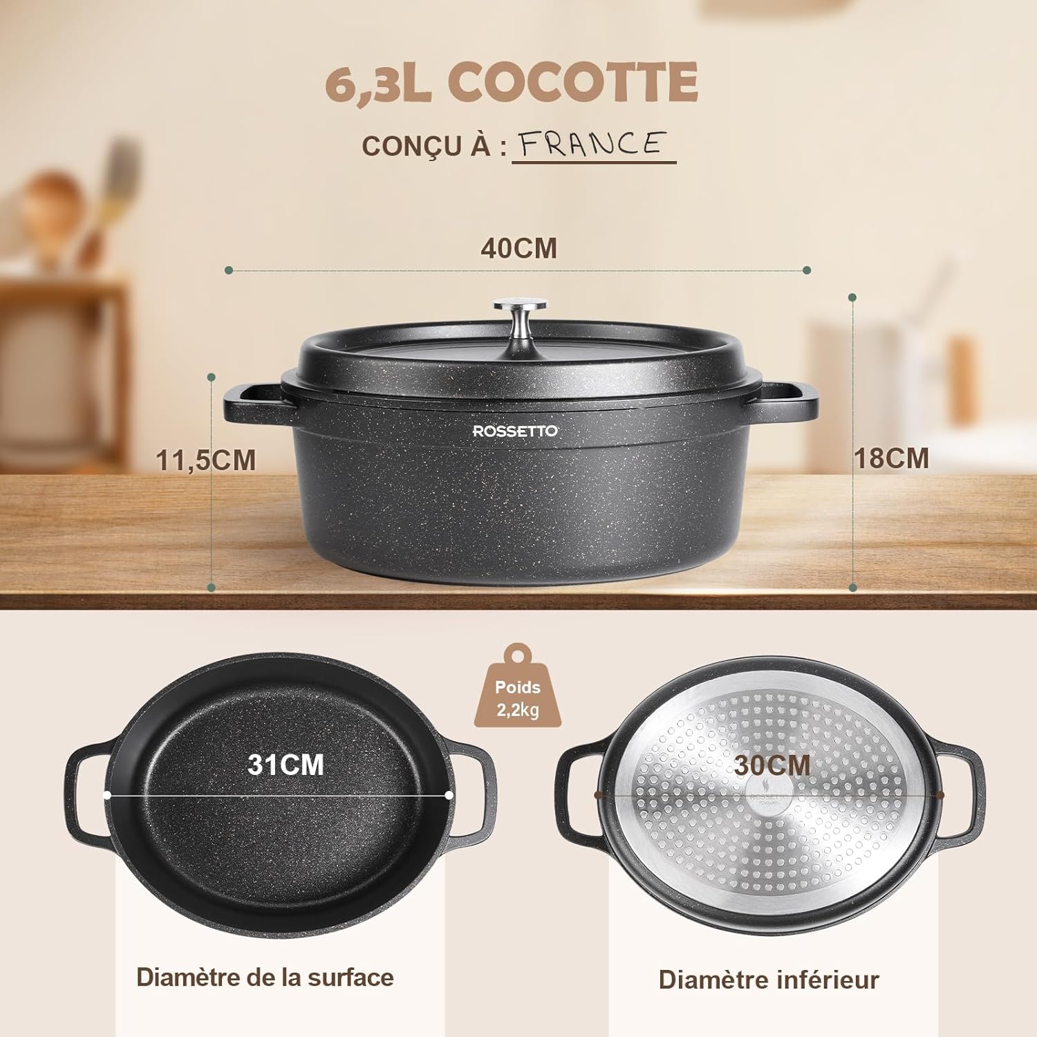 ROSSETTO - Cocotte ovale fonte d’aluminium 31cm 6,3L - antiadhérent, induction, four 230℃