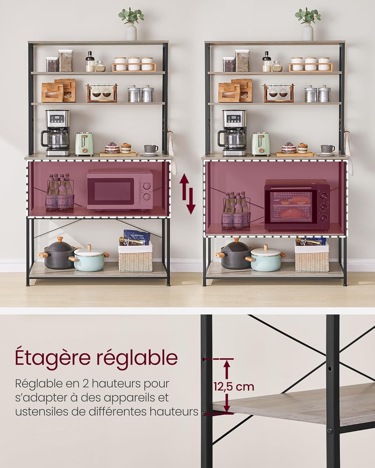 VASAGLE - étagère cuisine série KKS - 100x40x167 cm - 6 étagères, 6 crochets, acier industriel - KKS039K02