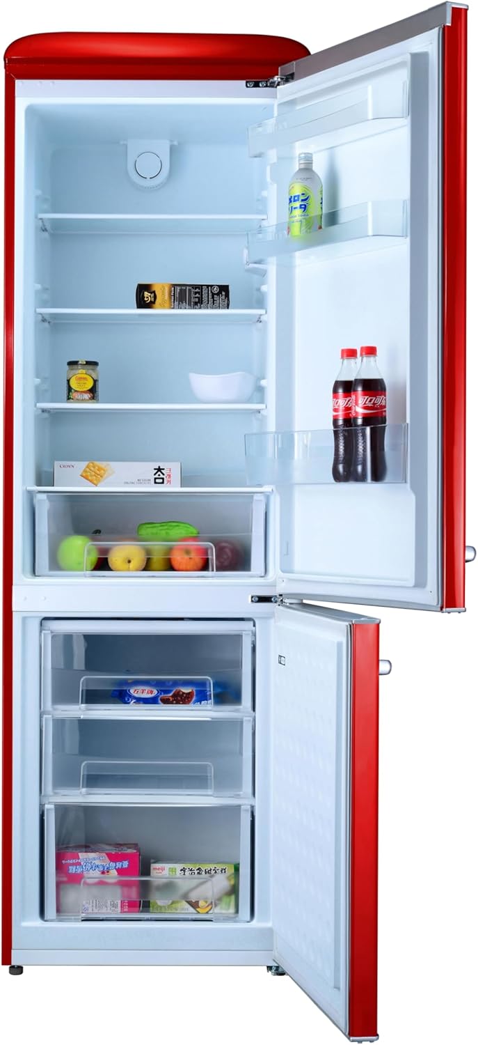 GEDTECH - Réfrigérateur vintage combiné 310L, congélateur bas, rouge, GCBV310RD