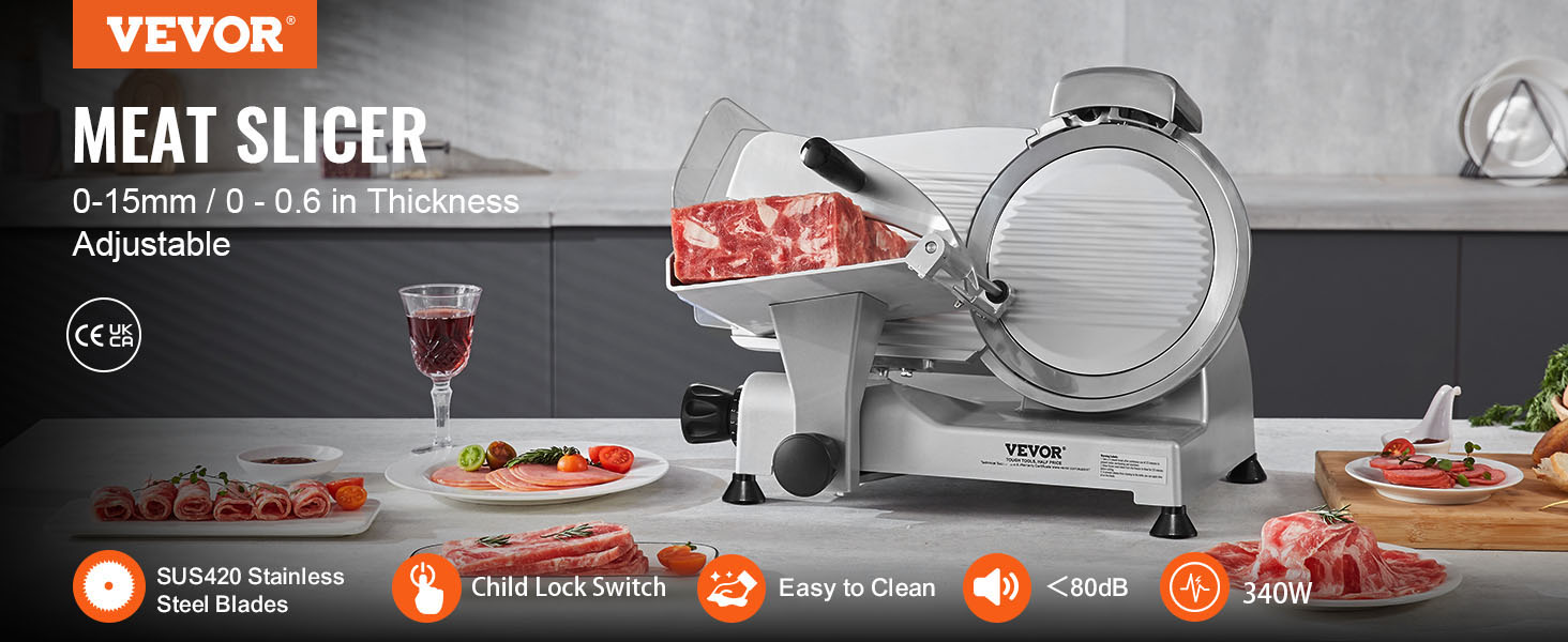 Le texte indique « TRANCHEUSE À VIANDE ». Trancheuse à viande en acier inoxydable d'aspect professionnel illustrée avec des portions de viande tranchées et une interface de commande visibles.