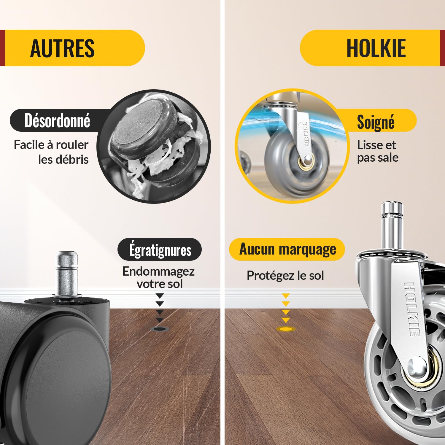 HOLKIE - roulettes chaise bureau 11x22mm - caoutchouc, lot 5, sols bois et tapis
