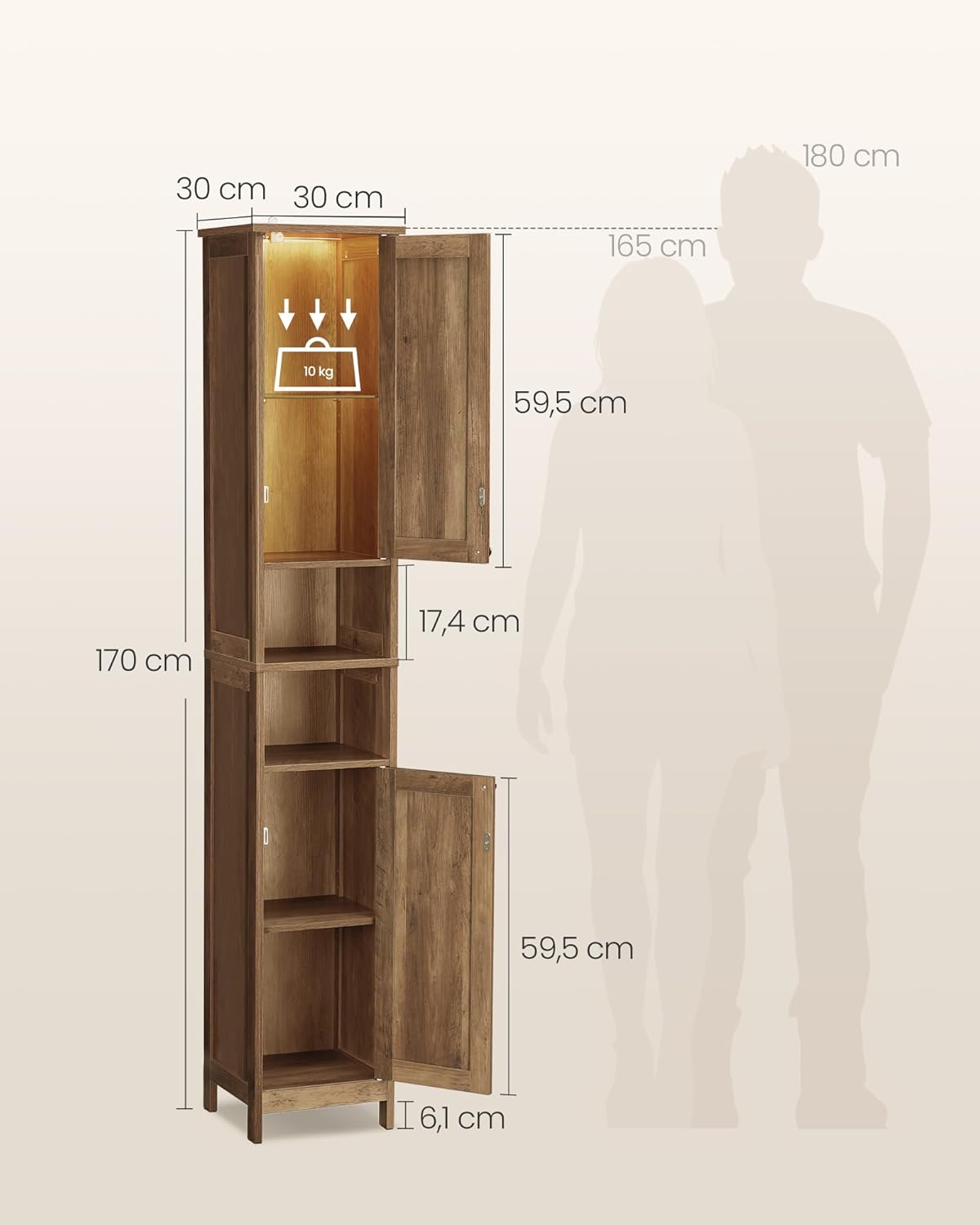 VASAGLE - armoire de salle de bain haute - 30 cm - étagères réglables, éclairage, marron miel - BBK566KB01