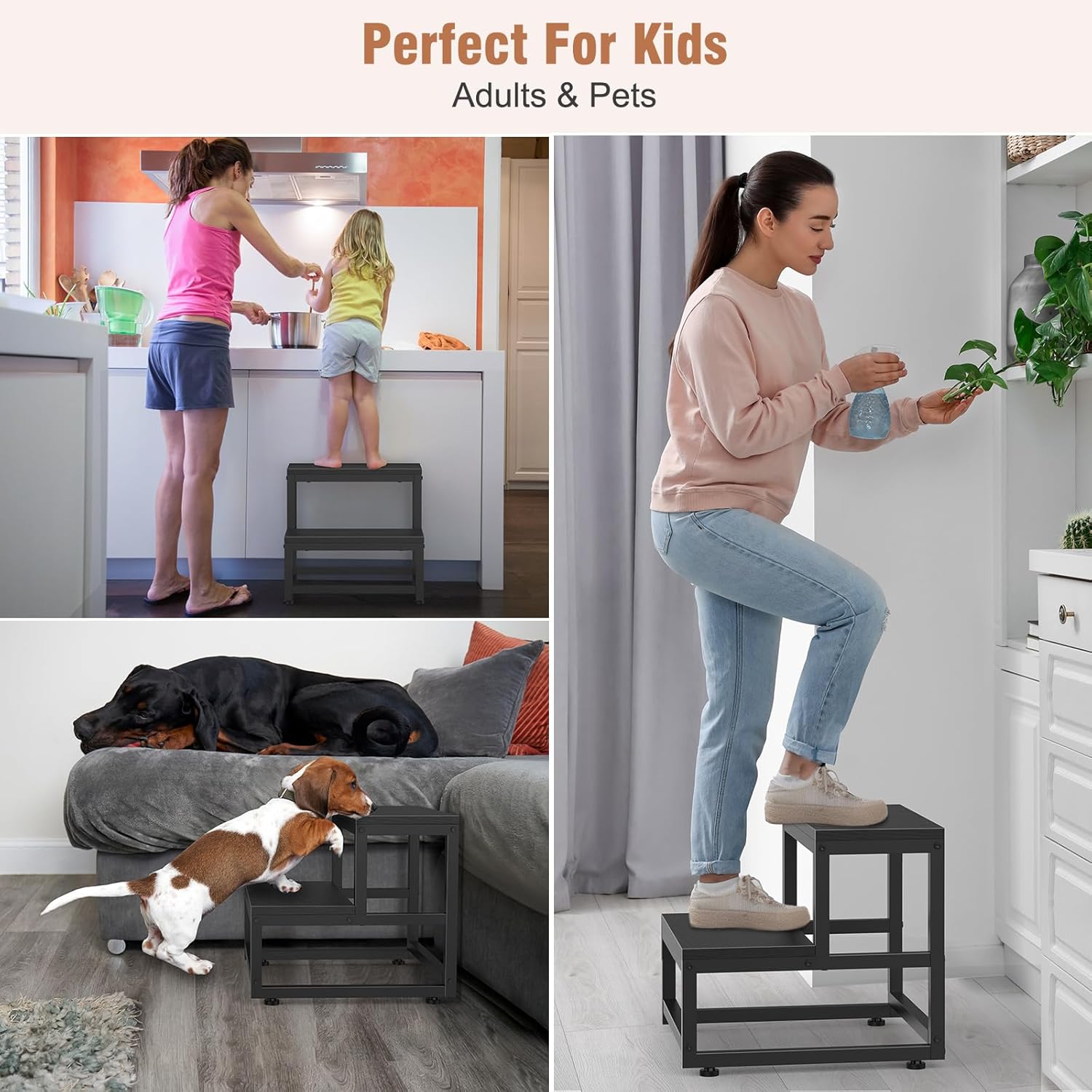 LIANTRAL - tabouret 2 niveaux acier/bois - 200kg - marchepied adultes enfants