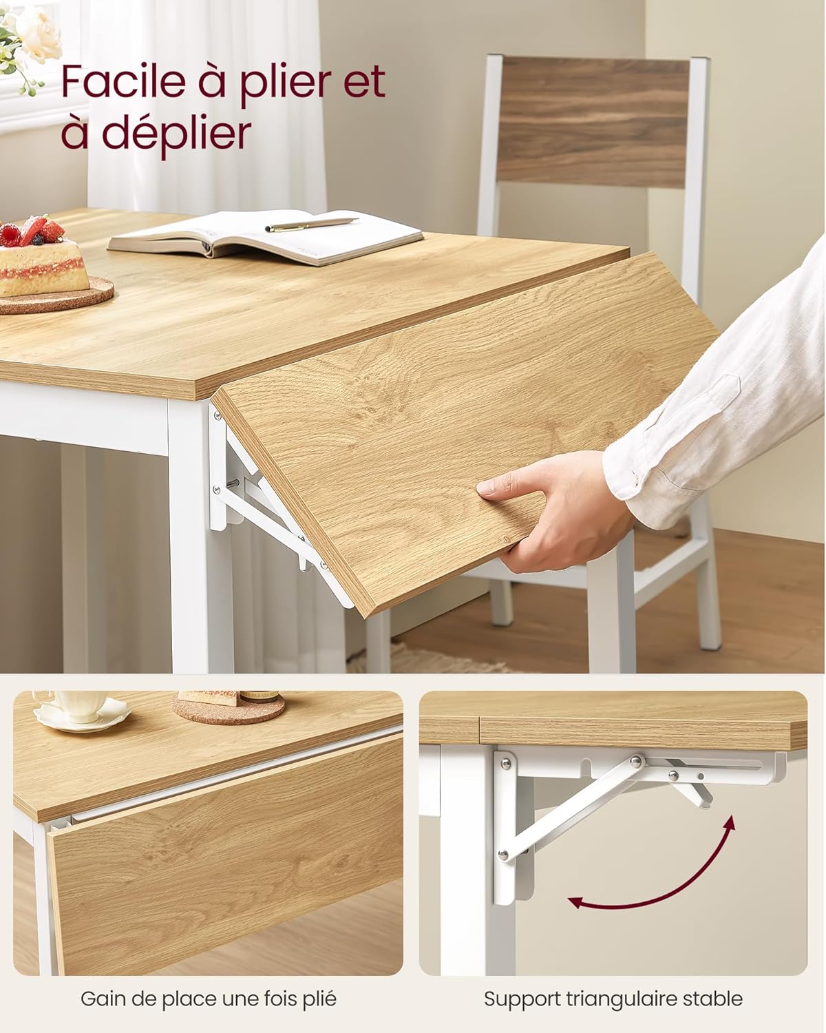 VASAGLE - Table pliante extensible 2-4 pers, chêne/blanc, rectangulaire, petits espaces, KDT077Y01